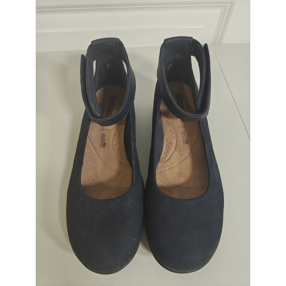 Clarks Collection Cushion Soft Dark Gray Leather Ankle Strap Ballet Flats Womens